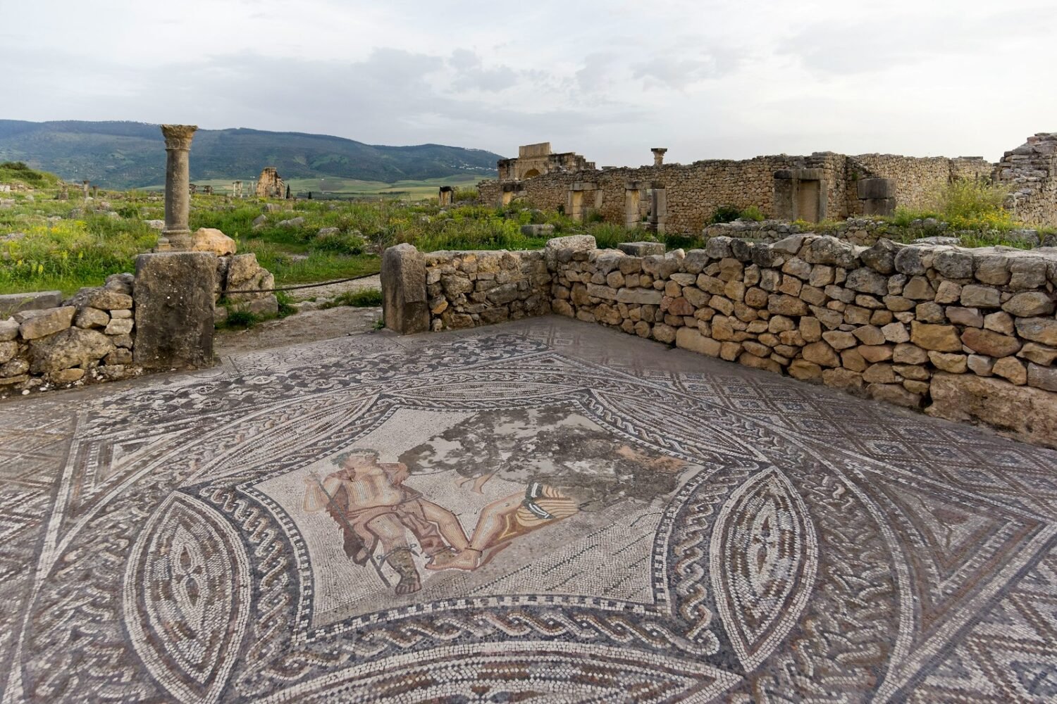 A mosaic in the middle of a stone floor