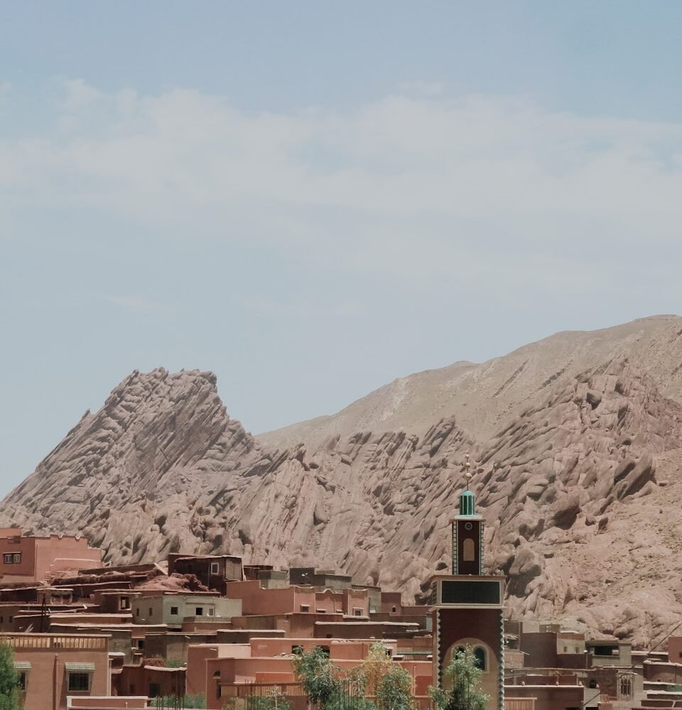 Desert village with mosque and rocky mountains
